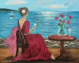 Жена с червена рокля край морето маслена картина , снимка 2