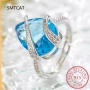 SMTCAT Сребърен Пръстен 925 Син Капковиден Циркон 18х15мм Преоразмеряем 5-7, снимка 2