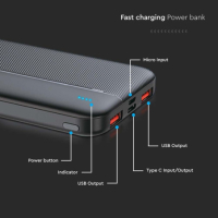 Външна батерия 10000 mah Power Bank V-TAC черна, снимка 3 - Външни батерии - 44516390