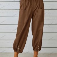Памучно-ленени широки дамски панталони с висока талия, 10цвята - 023, снимка 6 - Панталони - 41579956