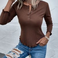 Дамска едноцветна блуза с дълги ръкави с рипсови копчета, 2цвята - 023, снимка 2 - Блузи с дълъг ръкав и пуловери - 40052818
