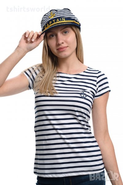 Нов дамски моряшки сет: тениска и капитанска шапка, снимка 1