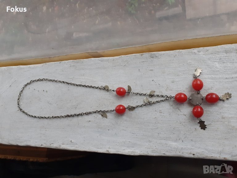 Стар възрожденски накит гердан колие сачан червено стъкло, снимка 1