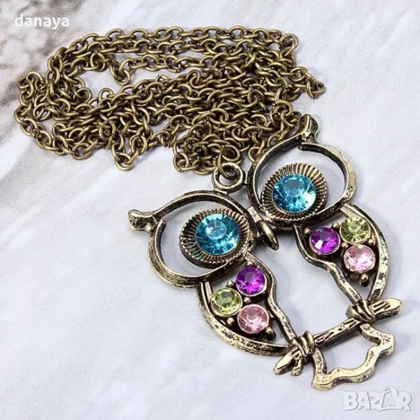 3287 Дамско колие Бухалче с цветни камъни, снимка 1