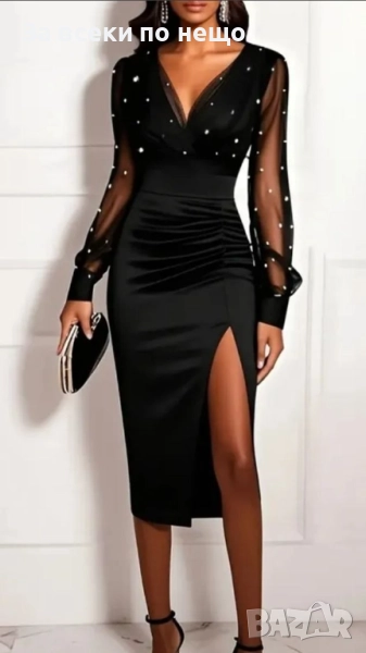 Дамска Черна Макси Рокля С Перли И Тюл Код S214, снимка 1