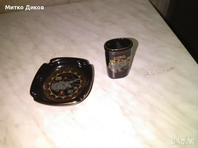 Кипър порцеланов пепелник и чаша за цигари Hand Made in 24 K Gold, снимка 1