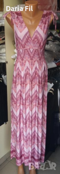КРАСИВА дълга рокля в розов пейсли принт с остро деколте тип "прегърни ме", снимка 1