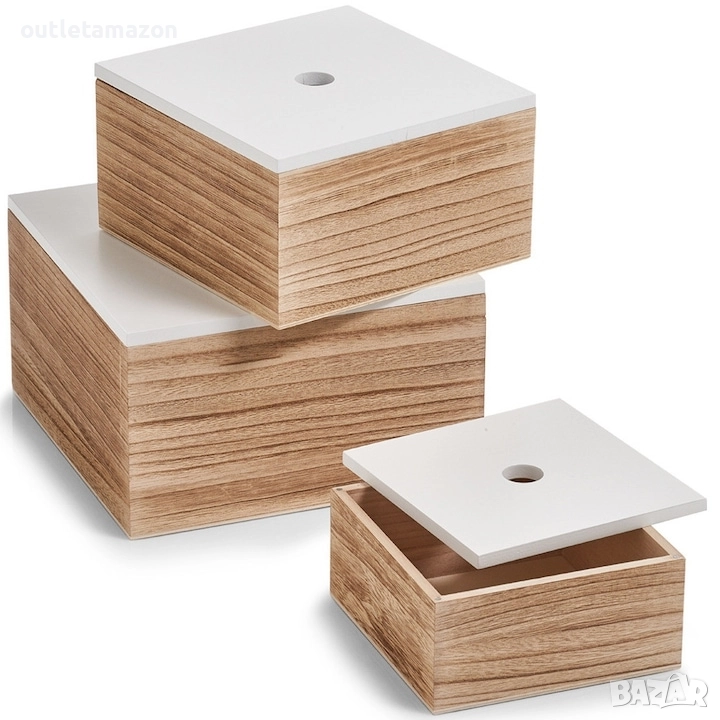 Комплект от 3 кутии за съхранение Zeller с капак, дърво, кафяво/бяло, снимка 1
