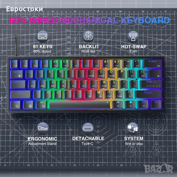 AULA F3261 Механична клавиатура за игри, клавиатура за игри 60 процента, 61 клавиша, снимка 1