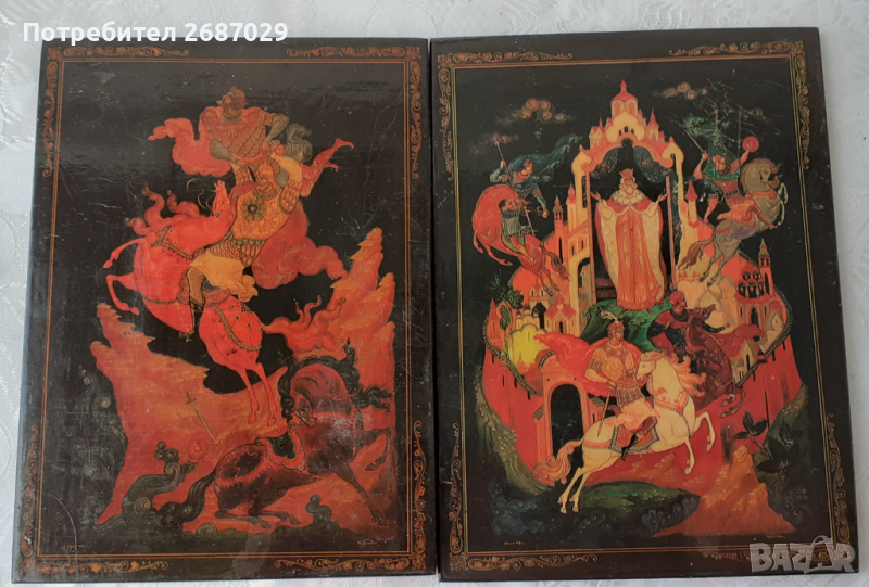 2 стари руски картини на дърво, картина лак, приказка, руснак офицер интарзия 1966, дървена картина , снимка 1