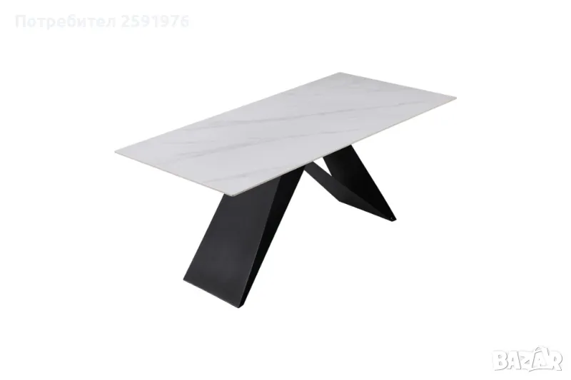 Трапезна маса Meja, Синтерован камък и метална основа, Бял, 180х90, снимка 1