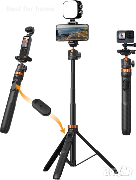 K&F Concept 62 статив за селфи стик с държач за телефон с дистанционно, адаптер за екшън камера, снимка 1