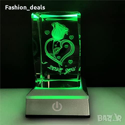 Нова 3D роза и сърце Кристал Многоцветна нощна светлина/Декорация Подарък, снимка 1