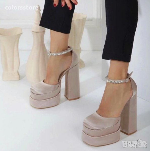 Сандали на ток - бежов сатен - VS1, снимка 1