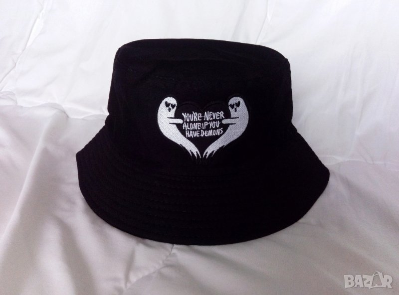 Шапка идиотка с бродерия духчета със сърце с надпис "You're never alone If you have demons", снимка 1