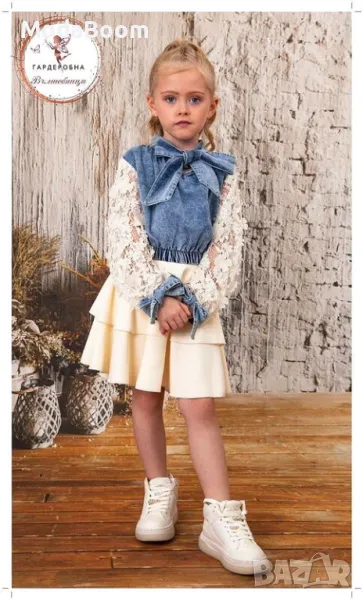 Детски комплект от дънкена блуза с ефектни дълги ръкави и пола, снимка 1
