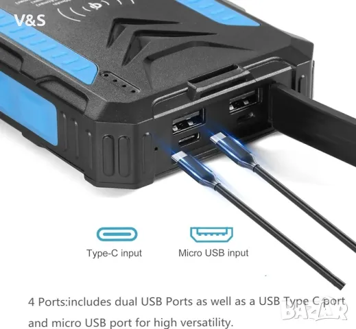 Външна батерия 36000 mAh, соларен Powerbank с Qi безжично зареждане, USB и USB C изход, със соларен , снимка 6 - Външни батерии - 47818728