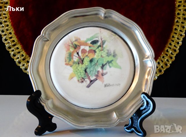 Чиния от калай със сорт лози,маркирана. , снимка 4 - Антикварни и старинни предмети - 39971661