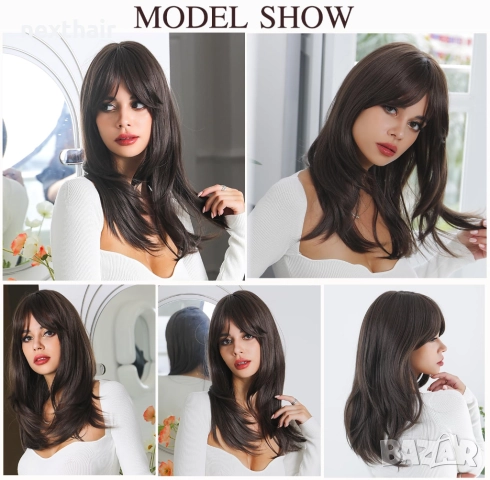Синтетична тъмно кафява перука - 55 см, средна дължина с бретон и зиг-заг път, снимка 2 - Аксесоари за коса - 52460254
