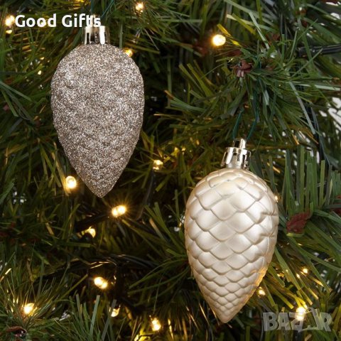 12 броя Комплект Златни коледни шишарки, Висулки за елха, 7см