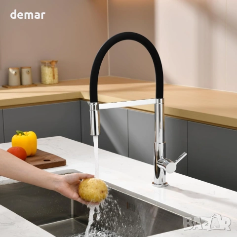 Смесител за кухненска мивка с издърпващ се разпръсквач, еднолостов, хром, снимка 2 - Смесители - 53427477