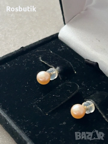 Златни обеци  с естествени розови перли ААА, снимка 7 - Обеци - 53366590