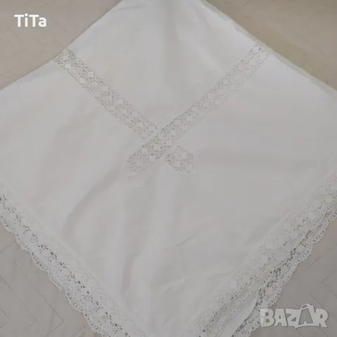 Винтидж бяла 100 % памук, покривка с вградена дантела, снимка 3 - Покривки за маси - 49510706
