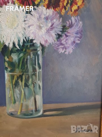 Бонев Натюрморт Хризантеми красива картина от 1930те години, снимка 5 - Картини - 38969207