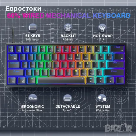 AULA F3261 Механична клавиатура за игри, клавиатура за игри 60 процента, 61 клавиша