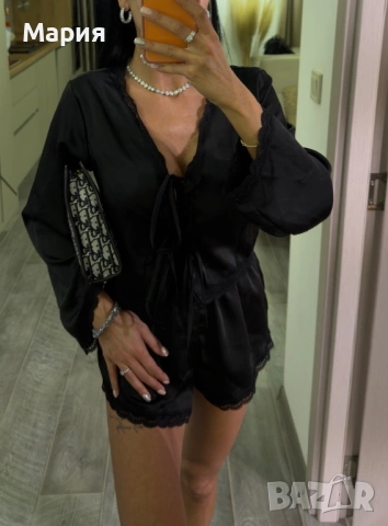 Сатенен сет - риза с връзки и панталонки, снимка 4 - Комплекти - 53134084