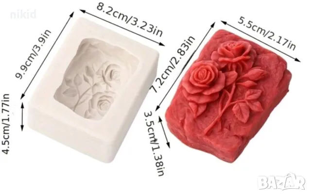 2 рози роза правоъгълник силиконов молд форма фондан шоколад сапун гипс свещ