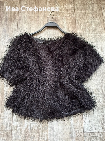 Уникална универсален размер елегантна черна рошава парти коктейлна официална наметка болеро , снимка 2 - Сака - 52484370