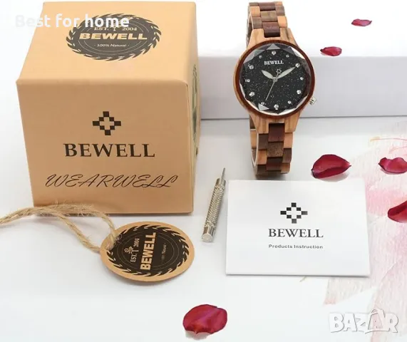 Дървен дамски часовник BEWELL Black Starry Sky, снимка 2 - Дамски - 49349128