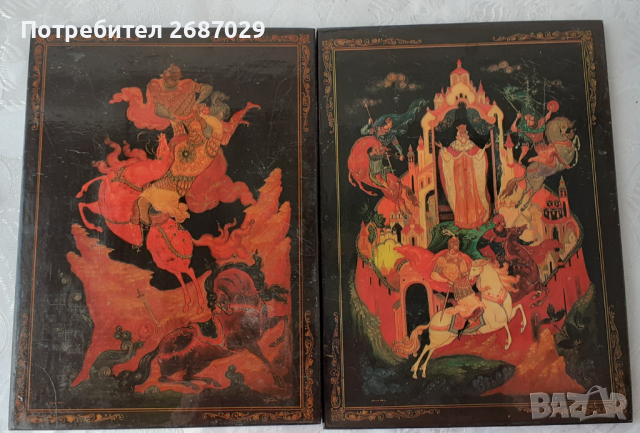 2 стари руски картини на дърво, картина лак, приказка , снимка 1 - Картини - 36327670