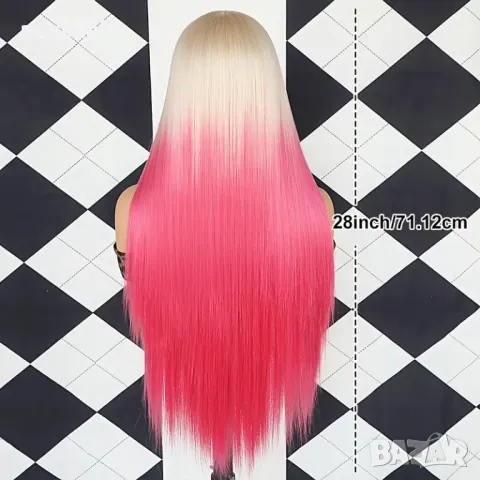 Лейс фонт права руса перука два цвята с розови краища , снимка 3 - Аксесоари за коса - 48222743