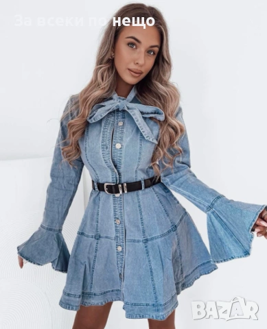 Синя Дънкова Дамска Къса Рокля С Колан И Връзка Код Roni19