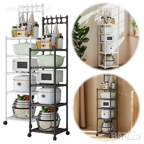 Етажерка с колела и куки на 5 нива за баня и кухня, снимка 5 - Етажерки - 52157796