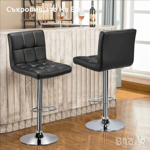 ✨ Комплект 2️⃣Броя Елегантни Бар Столове с Облегалка /Черна Кожа /Регулируема Височина