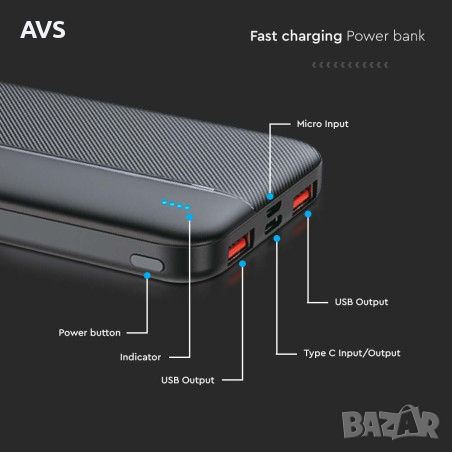 Външна батерия 10000 mah Power Bank V-TAC черна, снимка 3 - Външни батерии - 44516390