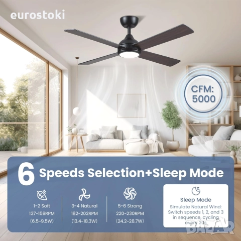 CJOY Безшумен таванен вентилатор с осветление 122 см и дистанционно управление, дървени 4 перки, снимка 3 - Вентилатори - 52566667