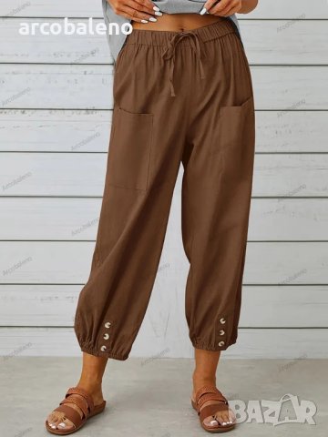 Свободни скъсени широки дамски панталони от памук и лен с висока талия, 10цвята , снимка 6 - Панталони - 41579956