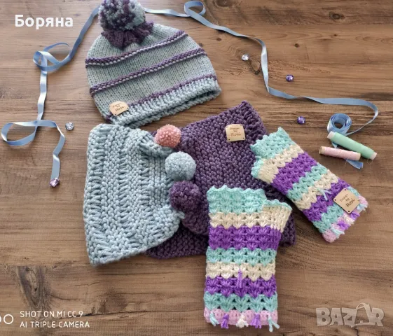 Handmade комплект шапка, шали ръкавици нови с етикет, снимка 4 - Шапки - 49680155