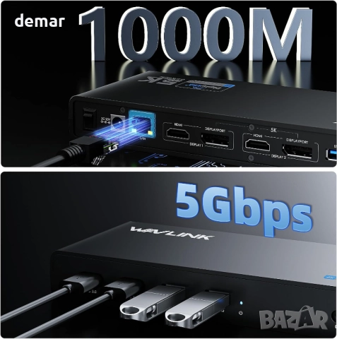 Универсална докинг станция Displaylink WAVLINK USB C с 2x HDMI и DP, снимка 5 - Кабели и адаптери - 52410438