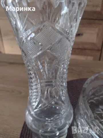 Комплект от кристална купа и ваза ръчно гравирани еднакъв дизайн., снимка 7 - Вази - 10337738
