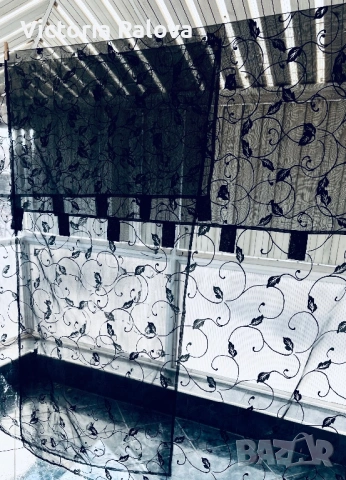 Комплект черни тюлени пердета с флорални мотиви (2 броя), снимка 2 - Пердета и завеси - 53728237