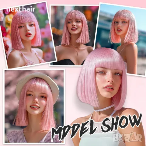 Къса плътна розова перука с бретон, снимка 3 - Аксесоари за коса - 50097124