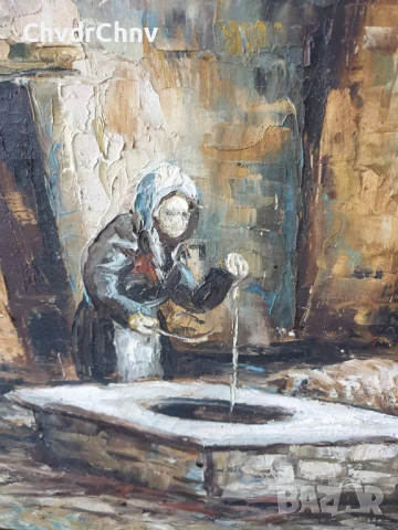 131х81см/стара голяма картина масло върху платно/къща-двор-овце-кладенец/барокова дървена рамка, снимка 5 - Картини - 50978396