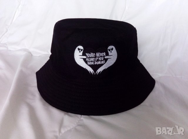 Шапка идиотка с бродерия духчета със сърце с надпис "You're never alone If you have demons", снимка 1