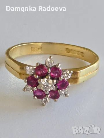 Златен пръстен с Диаманти и Рубини 18 карата проба 750, снимка 12 - Пръстени - 49783320