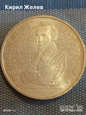 Сребърна монета 10 дойче марки 1997г. ФРГ тема 200г. От рождението на поета Хайнрих Хайне 46241, снимка 8 - Нумизматика и бонистика - 53657055